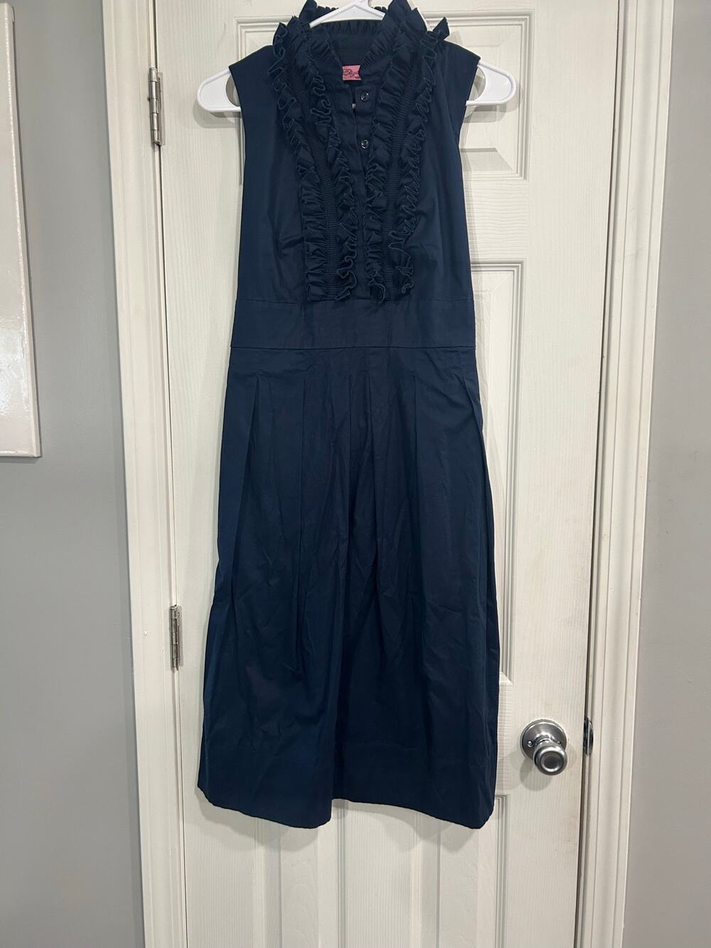 Eliza J Navy Blue Sleeveless Ruffle Front Dress Pleated Poplin Fit Flare Size 10